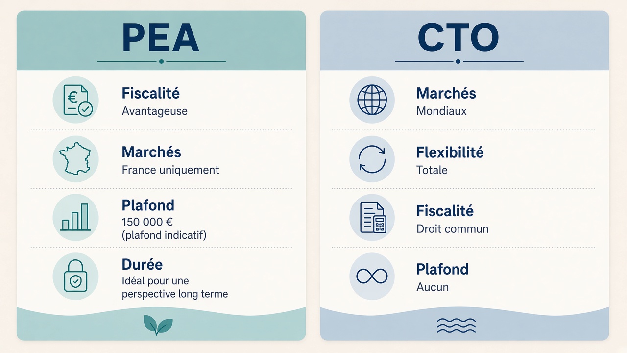 Comparatif visuel PEA vs CTO : fiscalité, flexibilité et marchés